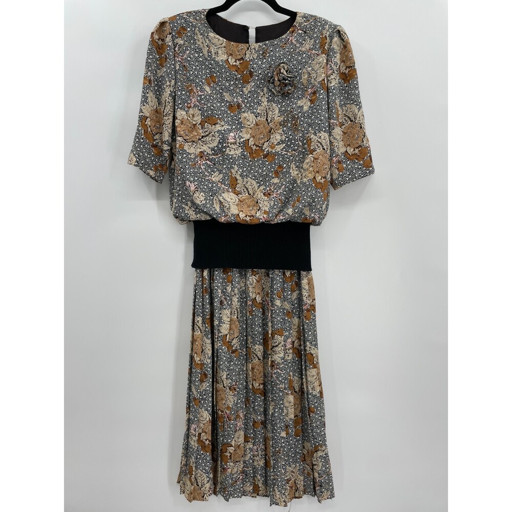 ORLEON DE PARIS Vintage Floral Smocked Waist Brown Black Pleated Dress Size 10